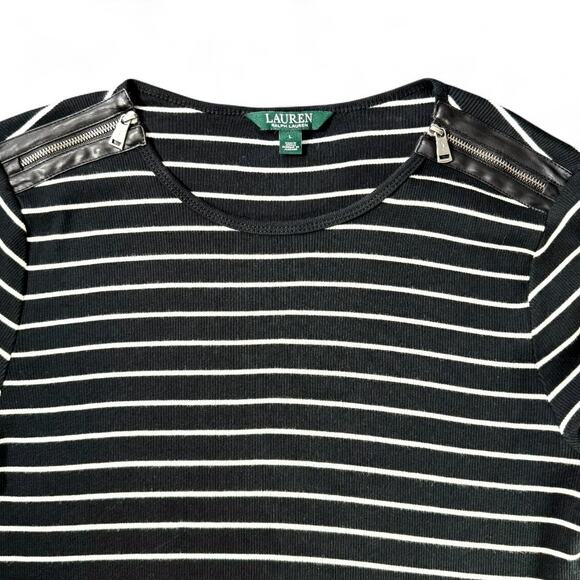 Lauren Ralph Lauren Ribbed Striped Top Women L Baddie Leather Zip Trim Black Y2K - Picture 2 of 9